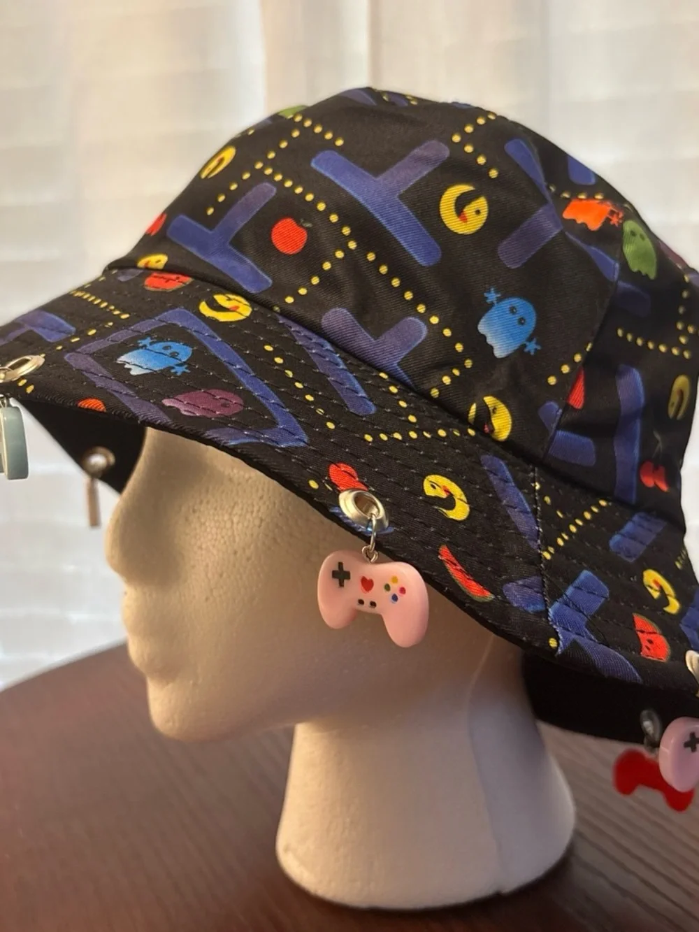 Retro Arcade Black Bucket Hat with Pink & Mint Gamepad Charms